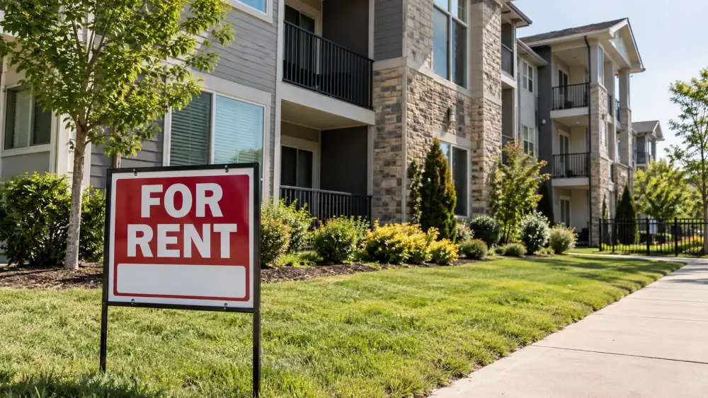 Red and white for rent sign placed in front of a modern apartment building with balconies, green lawn, and landscaping.