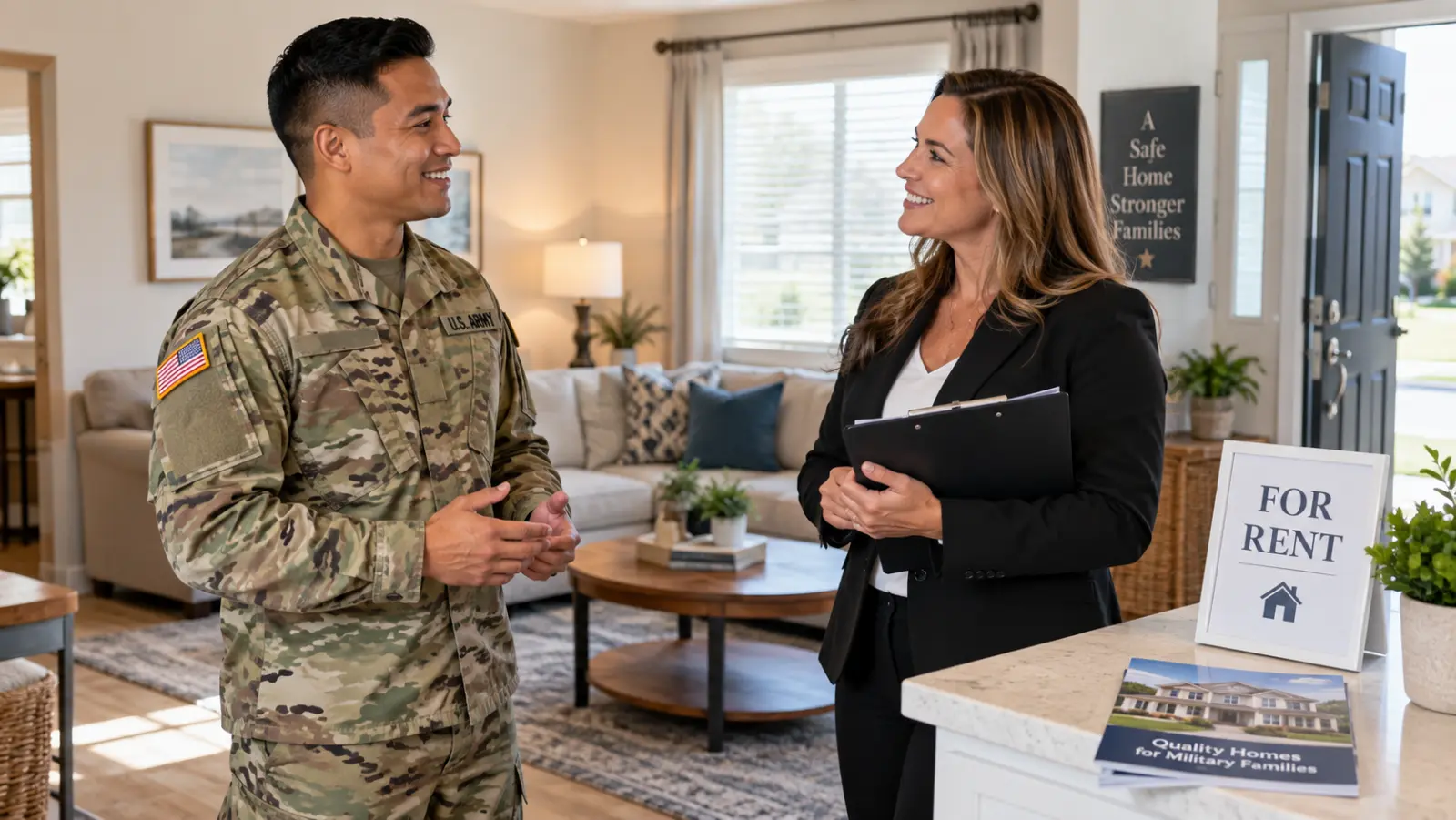 A man in U.S. Army camouflage uniform smiling and talking to a woman in business attire holding a clipboard inside a furnished living room. A sign on the counter reads 'FOR RENT' and a brochure says 'Quality Homes for Military Families.'