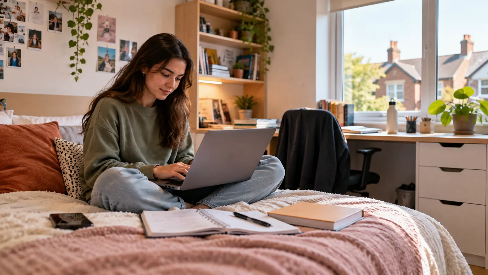A young woman sitting cross-legged on a bed in a cozy bedroom, working on a laptop with an open notebook and a closed book in front of her, with a desk, chair, plants, and window showing houses outside in the background.