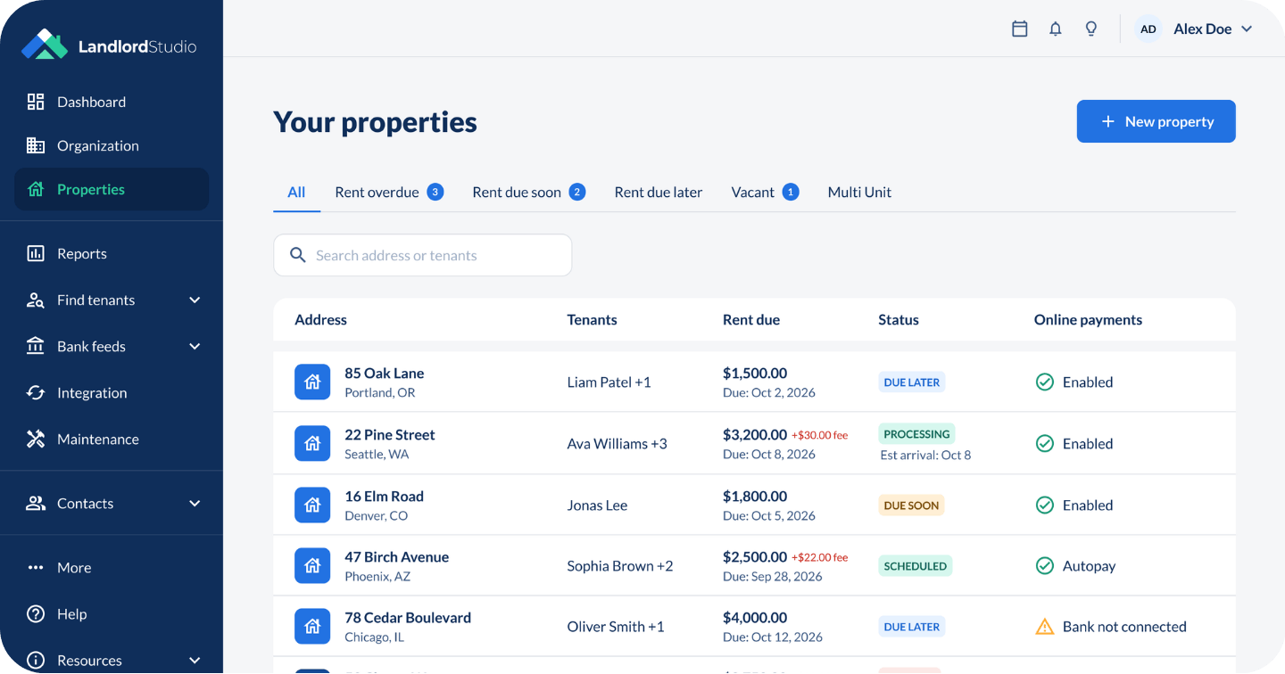 Landlord Studio properties dashboard showing rent due, payment status and online payments for each rental