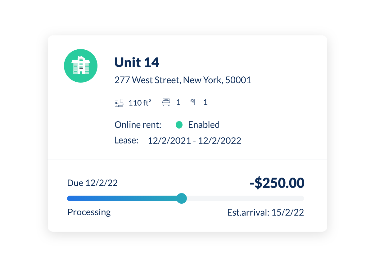 Landlord Studio unit card for Unit 14 showing lease dates, online rent enabled and a rent payment processing