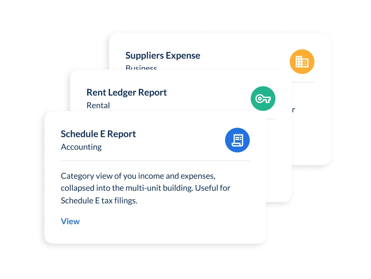 Landlord Studio reporting cards including a Schedule E report, rent ledger report and suppliers expense report