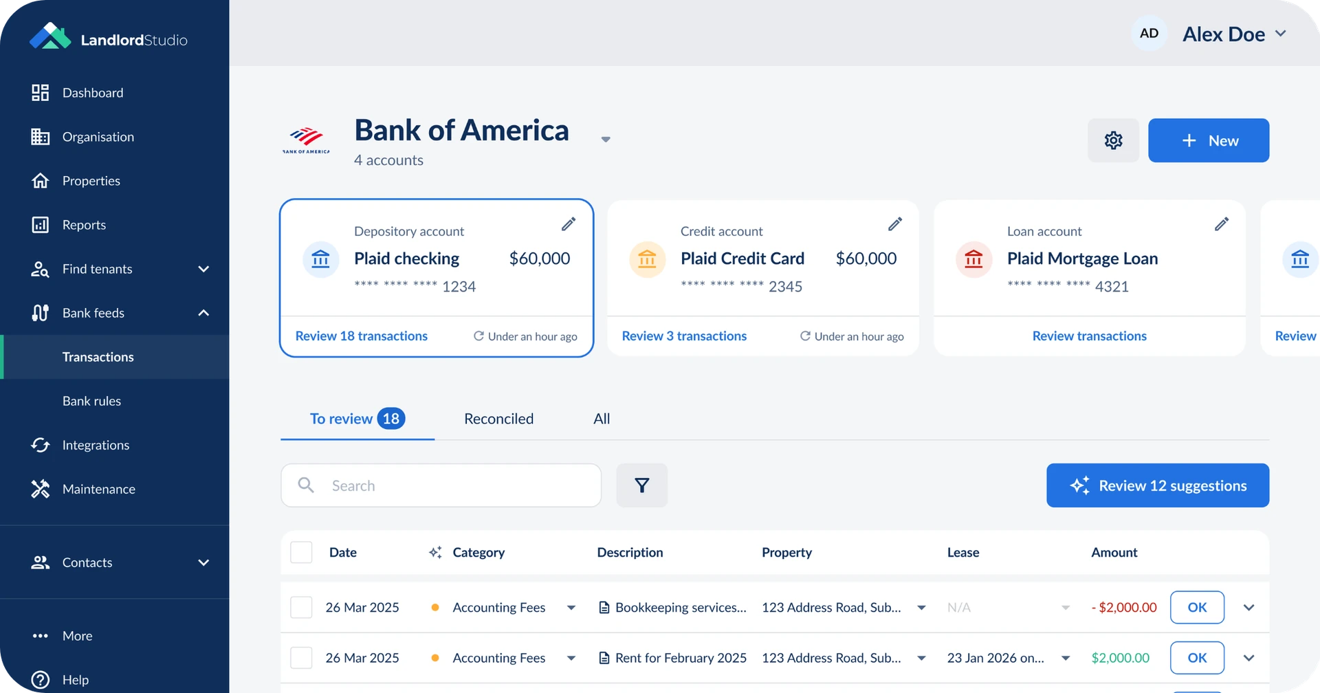 Landlord Studio bank feed screen with connected checking, credit card and mortgage accounts and transactions to review
