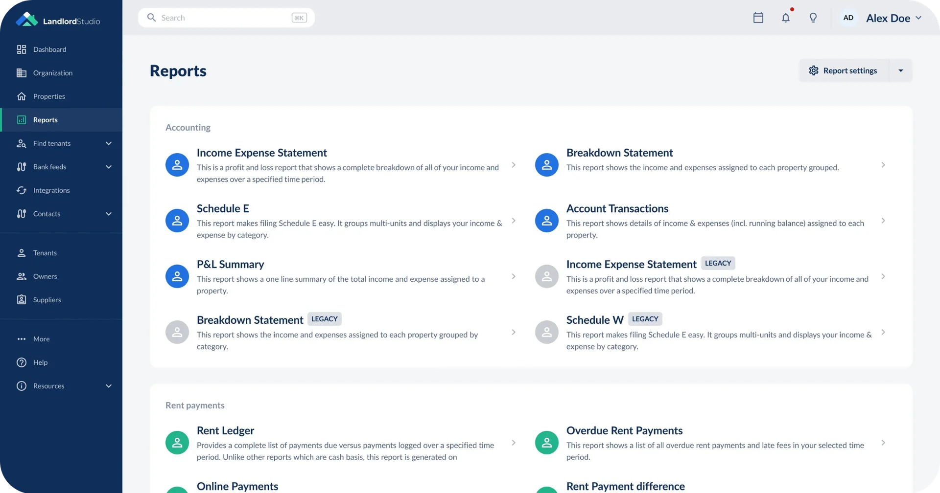 Landlord Studio Reports screen listing Schedule E, income and expense statement, P&L summary and rent ledger reports