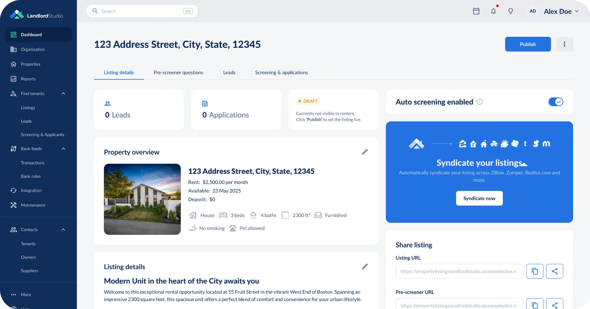Landlord Studio listing editor showing property details, leads, applications and an option to syndicate the listing