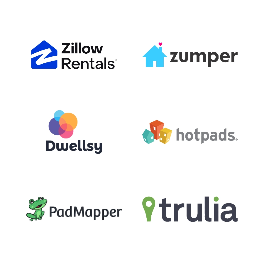 Logos of rental listing sites Zillow Rentals, Zumper, Dwellsy, HotPads, PadMapper and Trulia