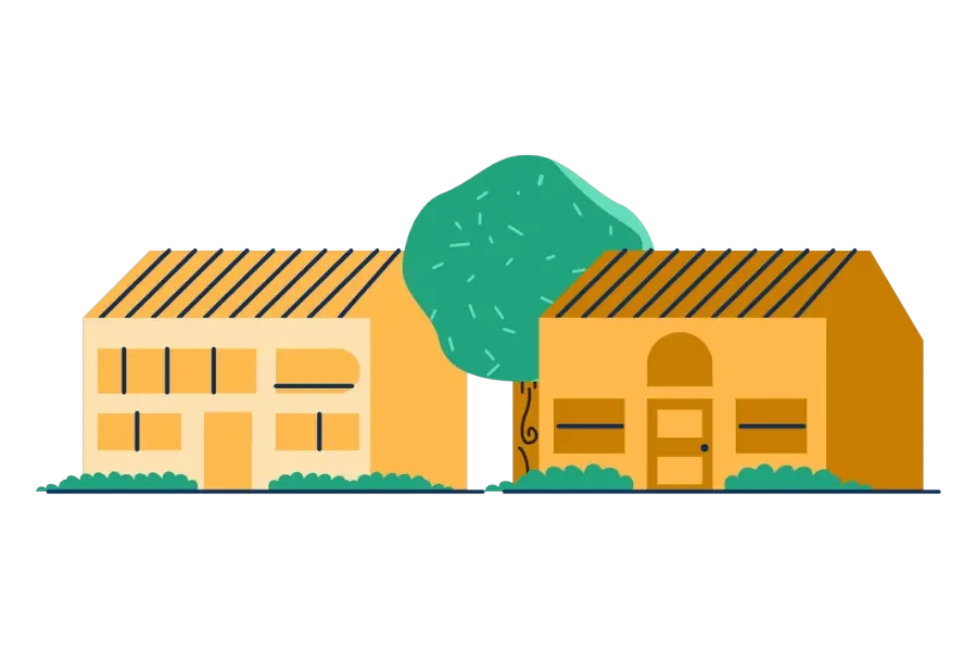 Yellow houses next to a tree