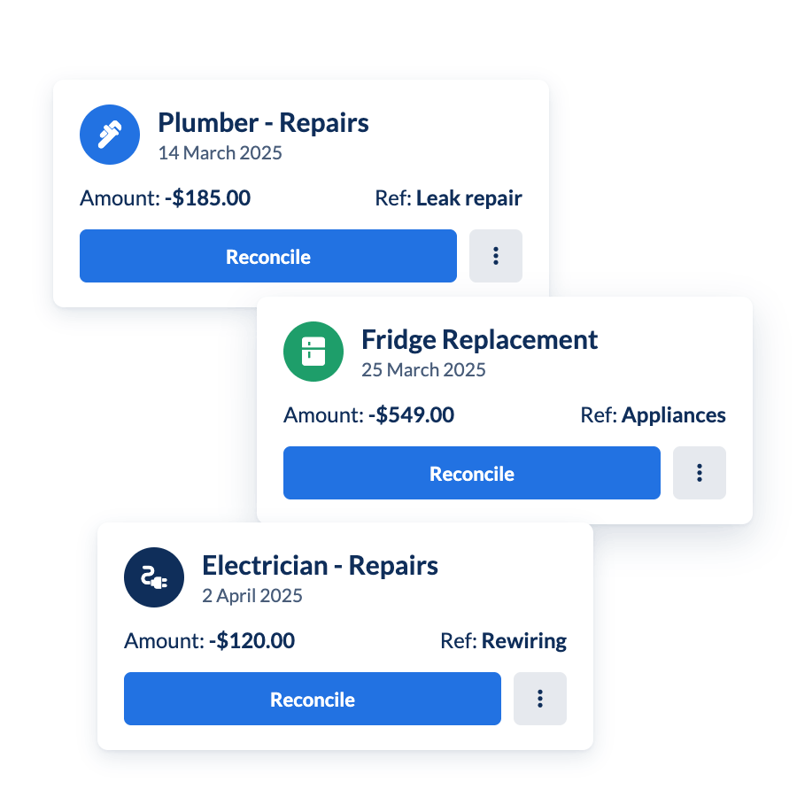 Plumber, fridge replacement and electrician repair costs ready to reconcile in Landlord Studio