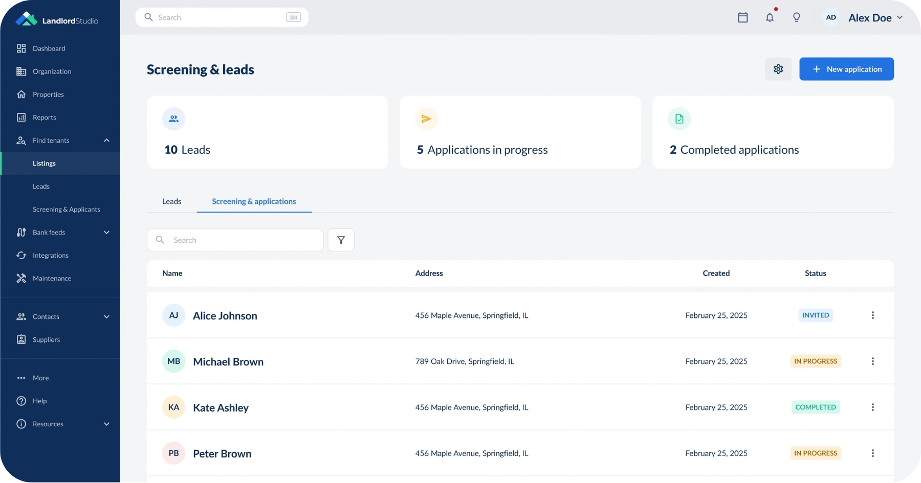 Landlord Studio screening and leads dashboard showing rental applications and their status