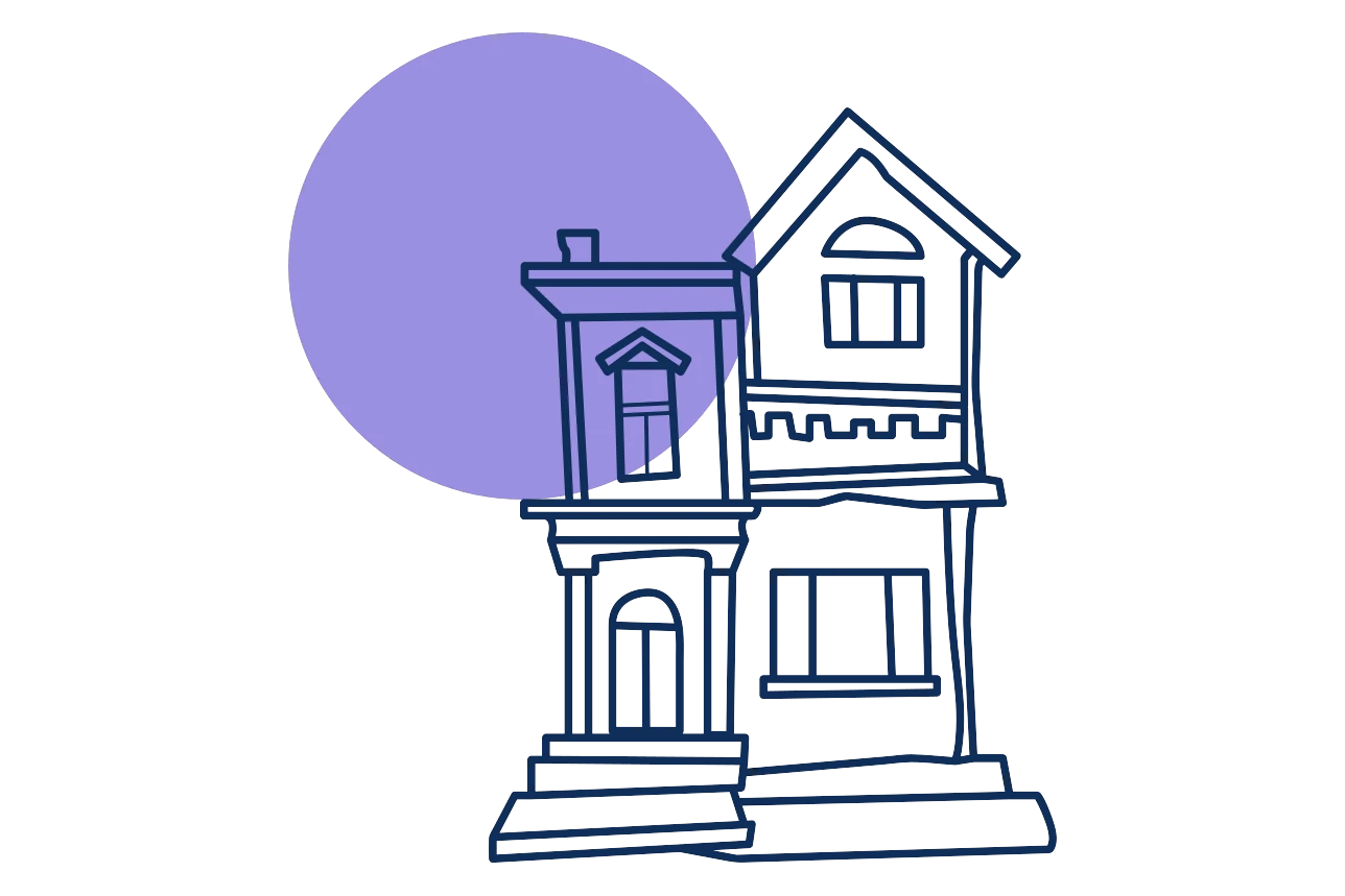 Line illustration of a house with a purple circle, for a tenant reporting a maintenance issue