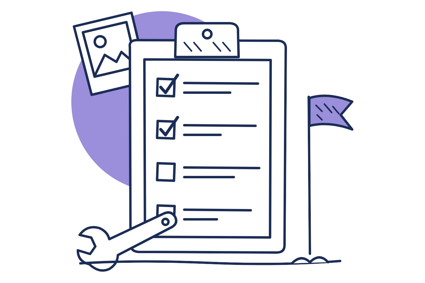 Maintenance checklist clipboard with a wrench and flag, for prioritizing and tracking repair jobs