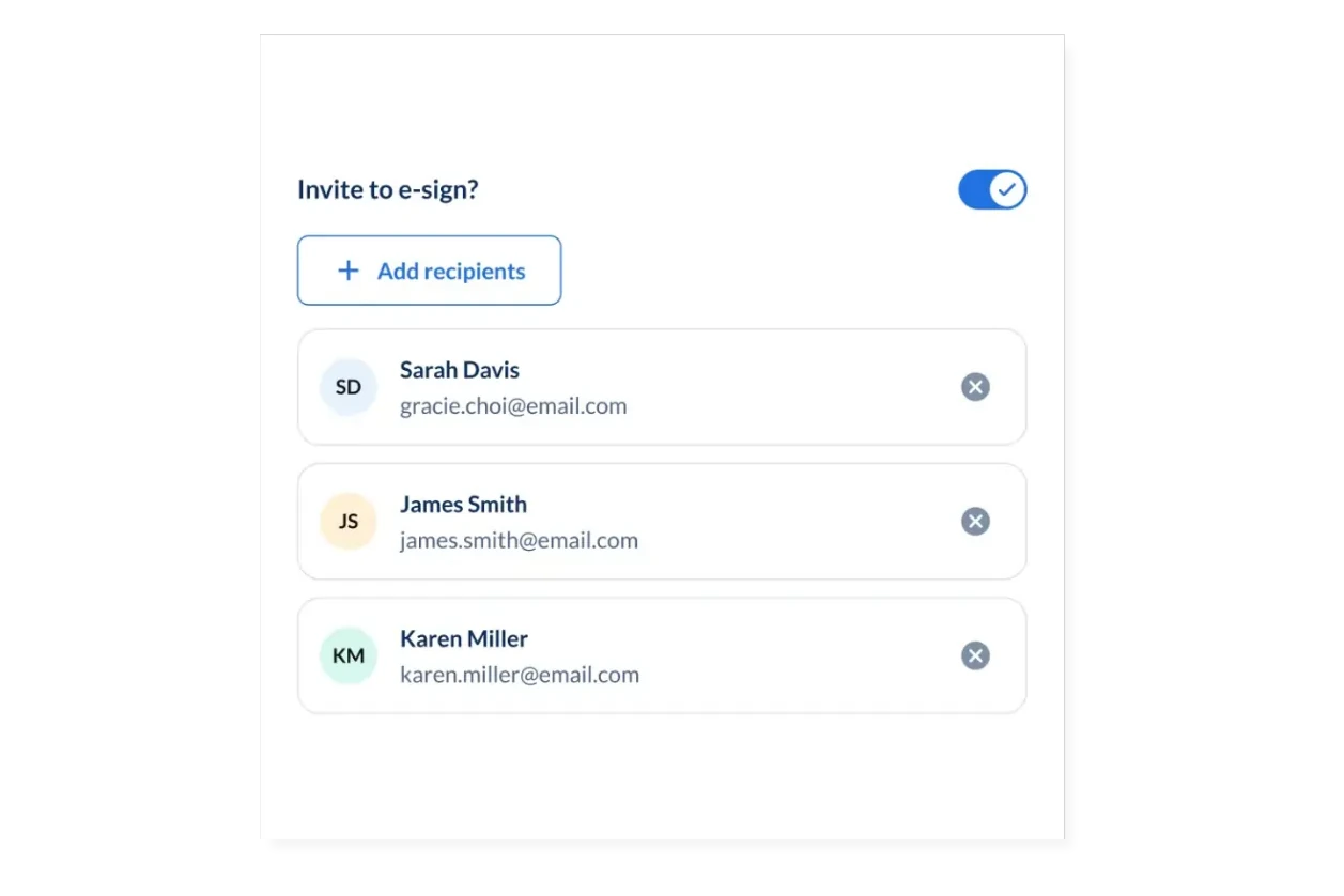 Invite to e-sign panel with tenants added as recipients