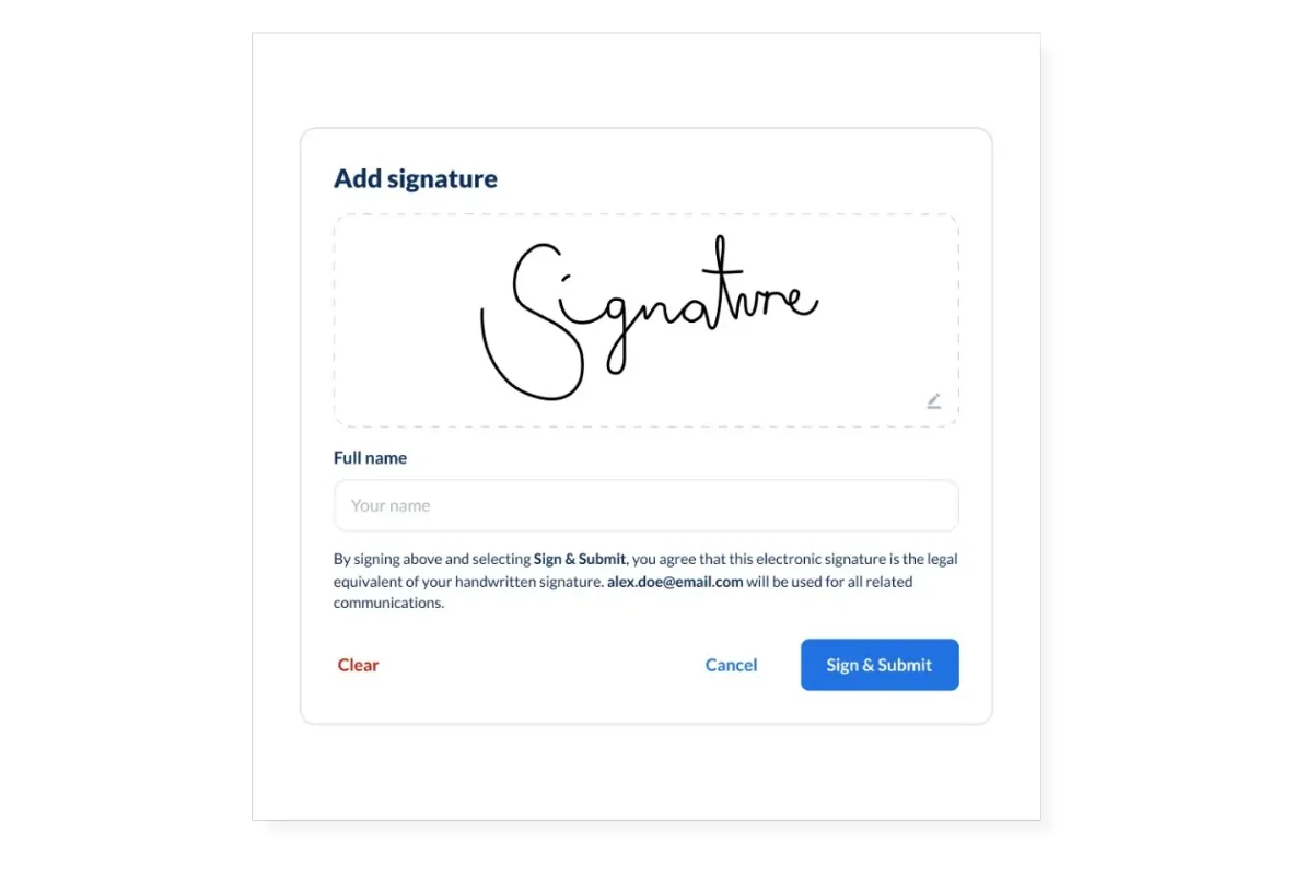 Add signature dialog with a drawn signature and Sign and Submit button