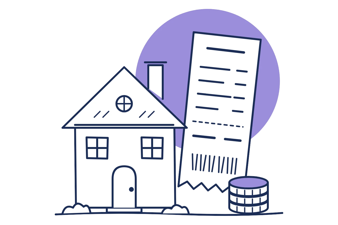 House beside a receipt and a stack of coins, for recording a repair cost against the property