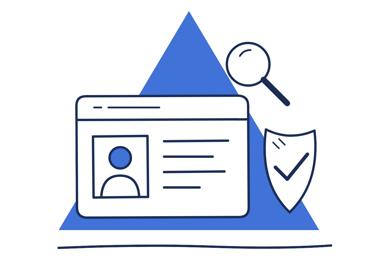 ID card with a magnifying glass and shield checkmark, for verifying an applicant's identity