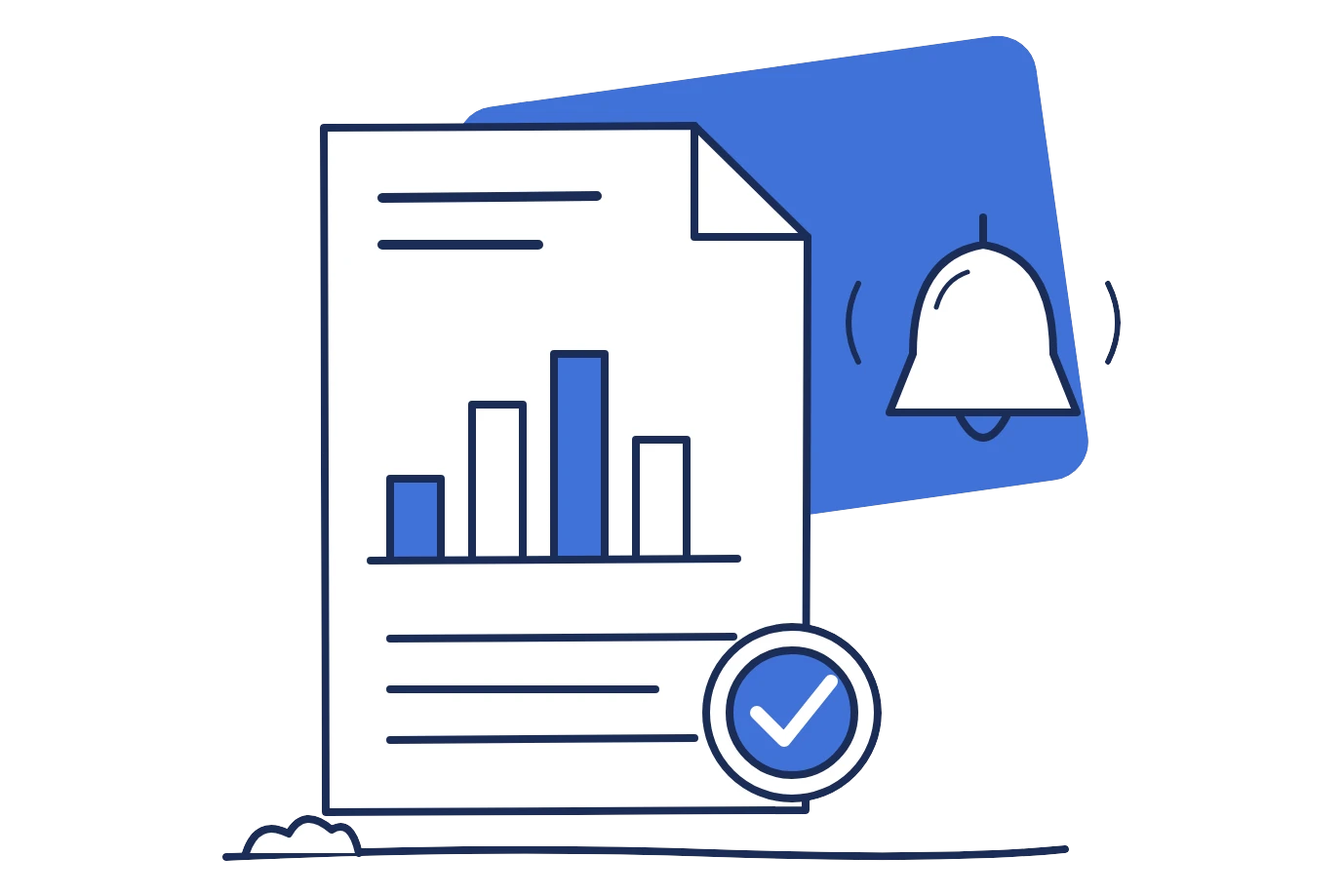 Report with a bar chart, checkmark and notification bell, for receiving a completed tenant screening report