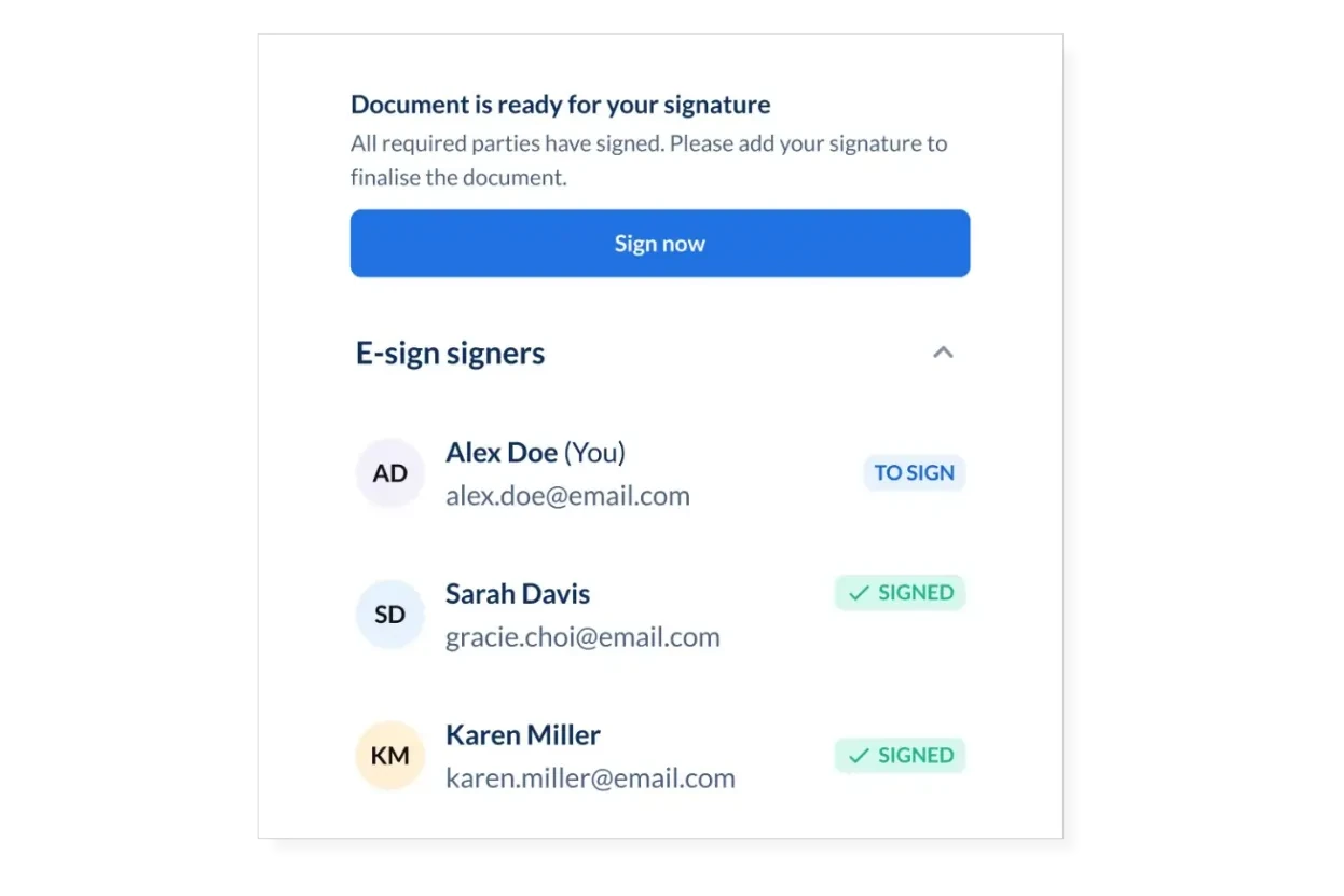 E-sign document panel listing signers and their signing status