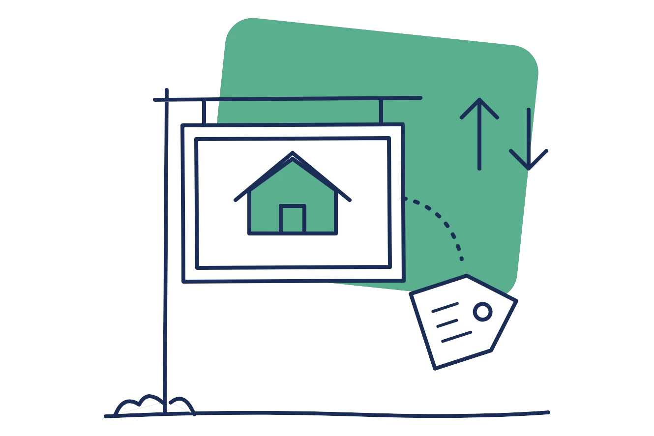 For-rent sign showing a house with a price tag and up and down arrows, for pricing a rental right