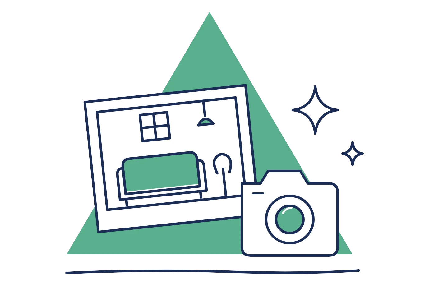 Camera beside a framed photo of a furnished room, for rental listing photos and descriptions