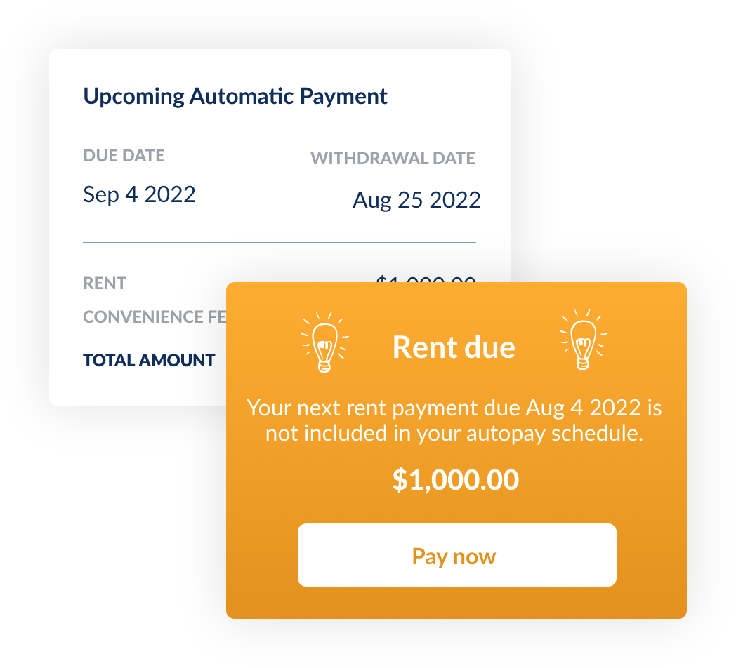 Tenant view of an upcoming automatic rent payment and a rent due reminder with a Pay now button