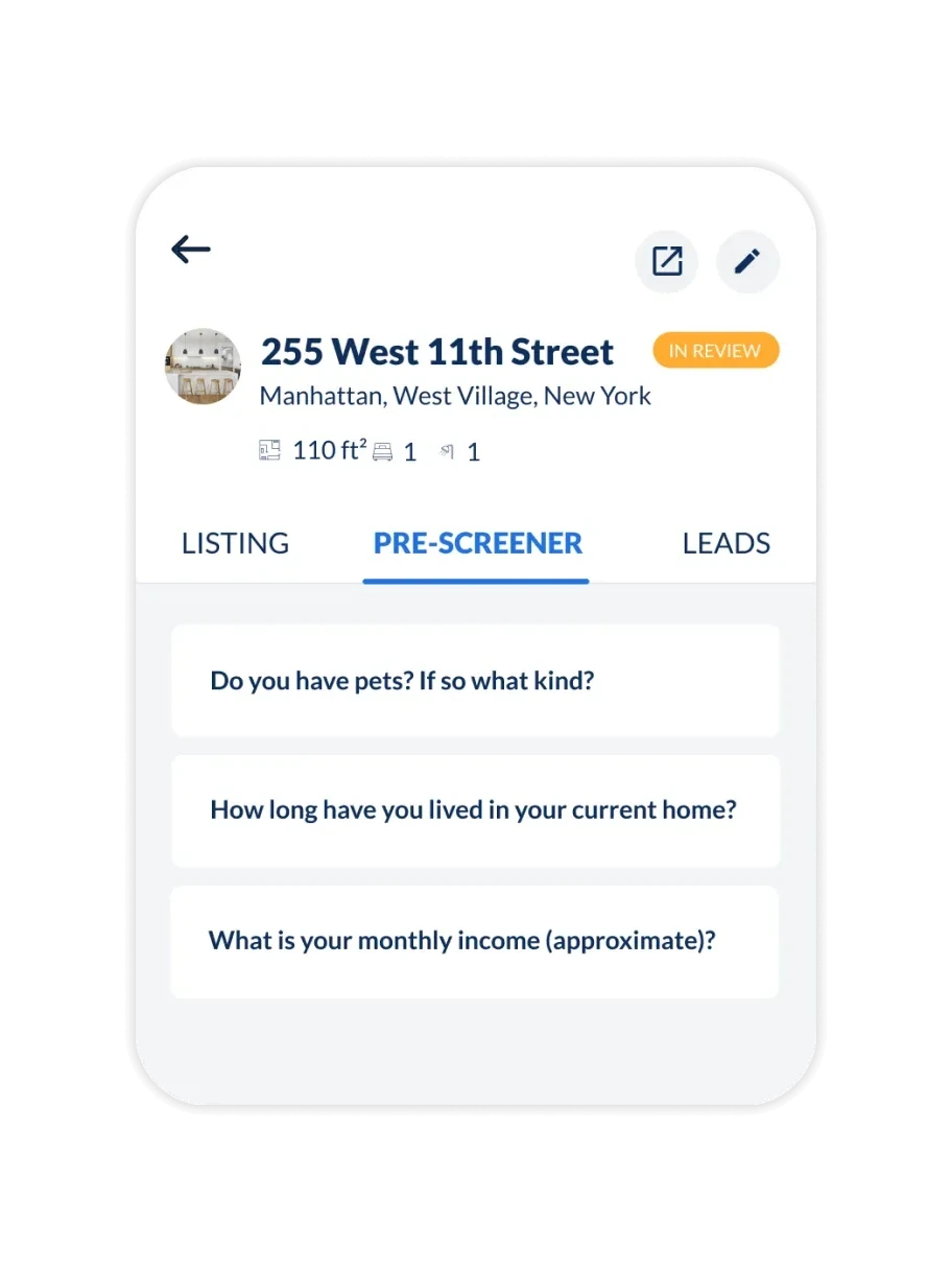 Landlord Studio rental listing pre-screener asking applicants about pets, their current home and monthly income