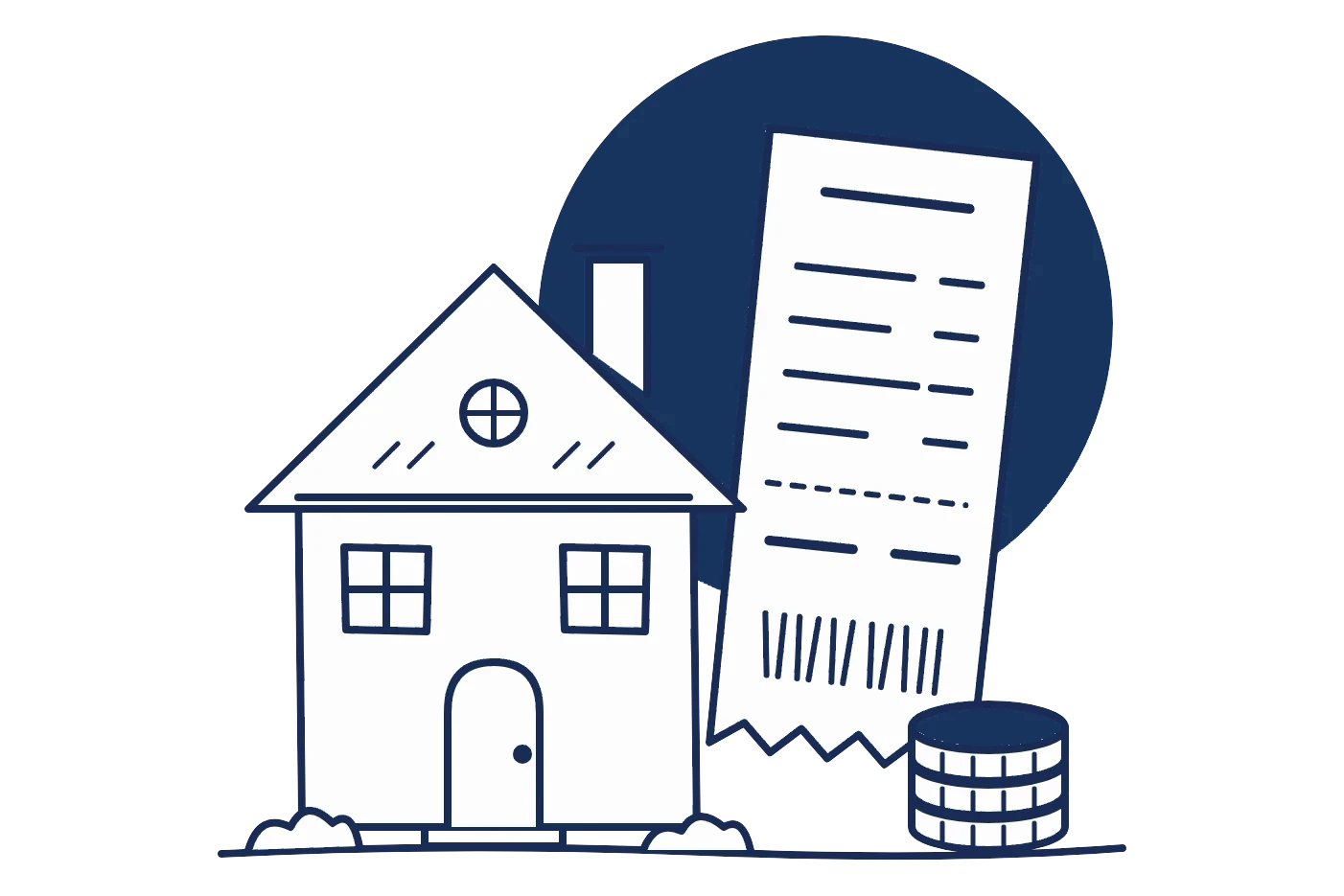 Illustration of a house beside a receipt and a stack of coins