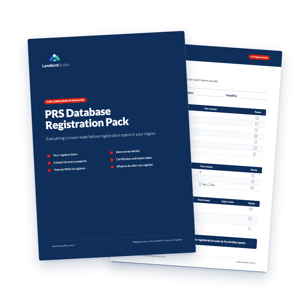 Cover of Landlord Studio's PRS Database Registration Pack for landlords in England