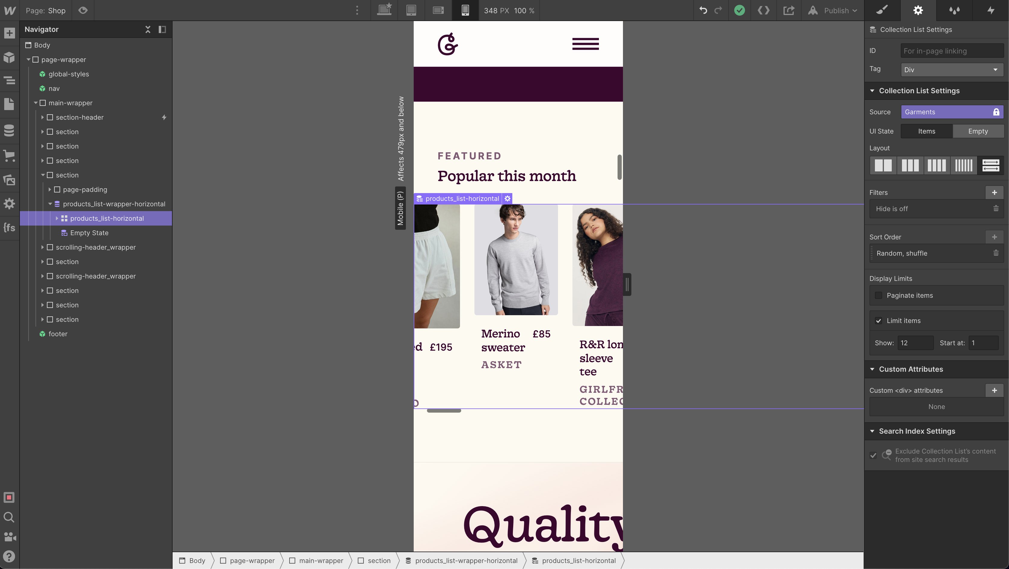 Showing a bug of the product images in Webflow