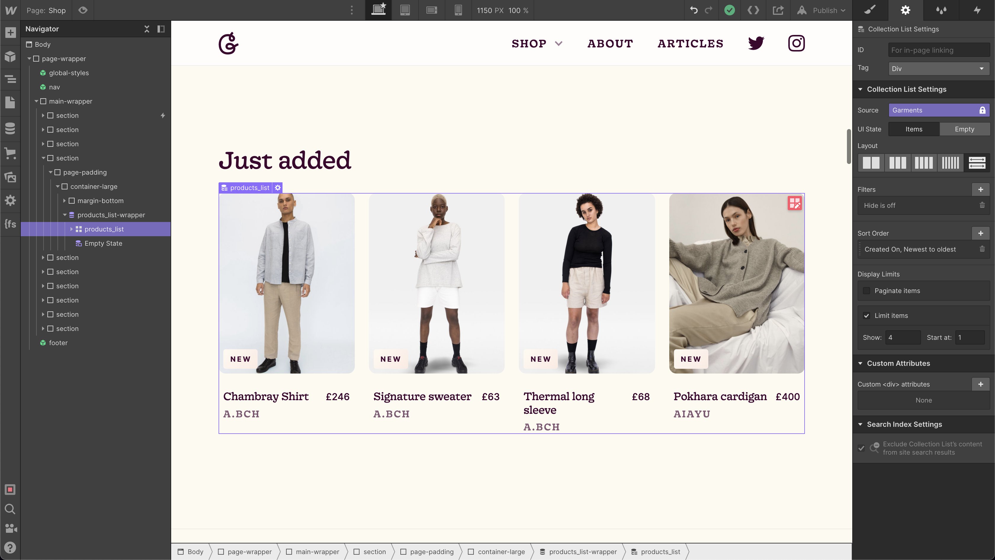 Showing how the just added section works in Webflow