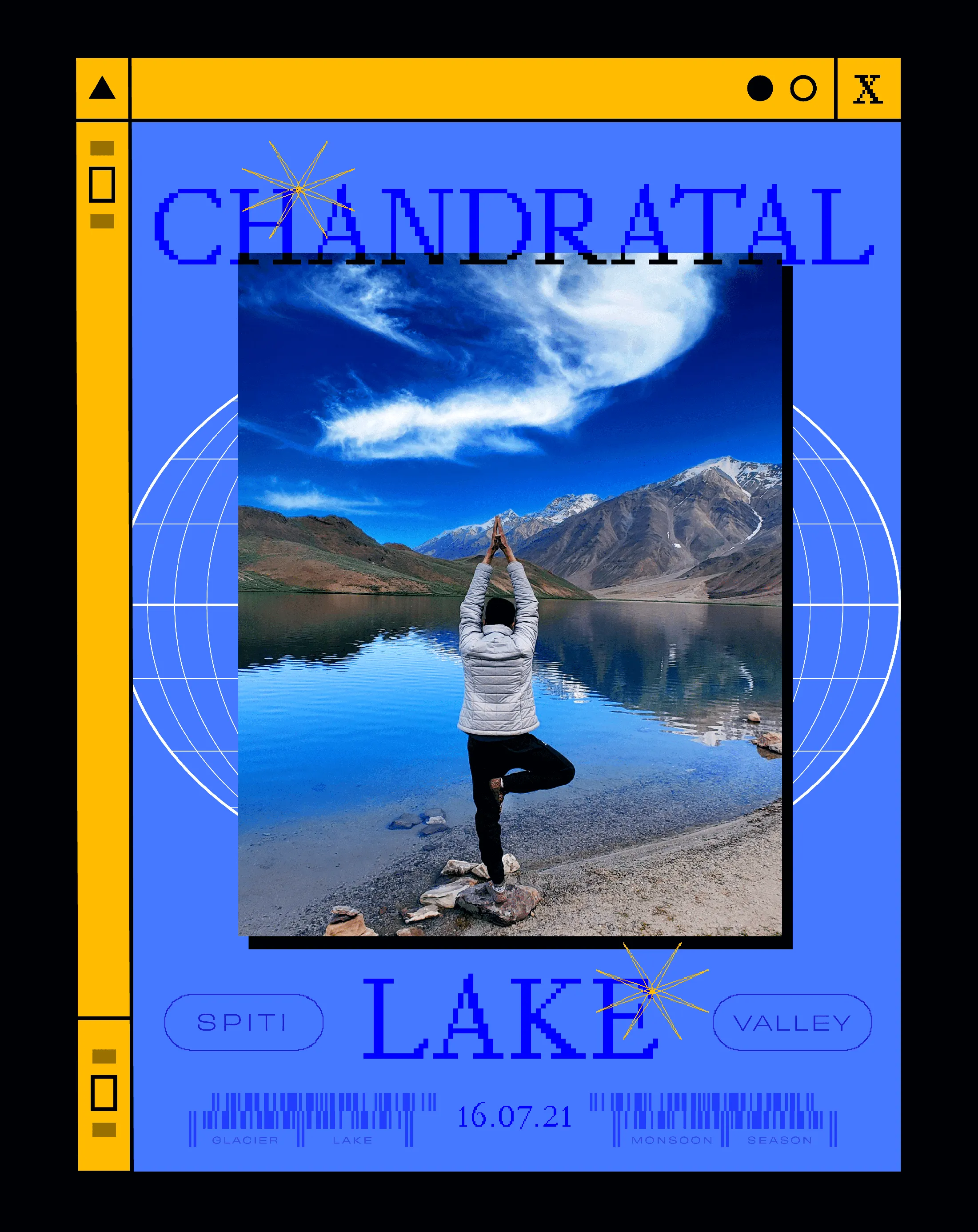 A travel artwork that showcases a person doing yoga infront of Chandratal Lake in Himachal Pradesh