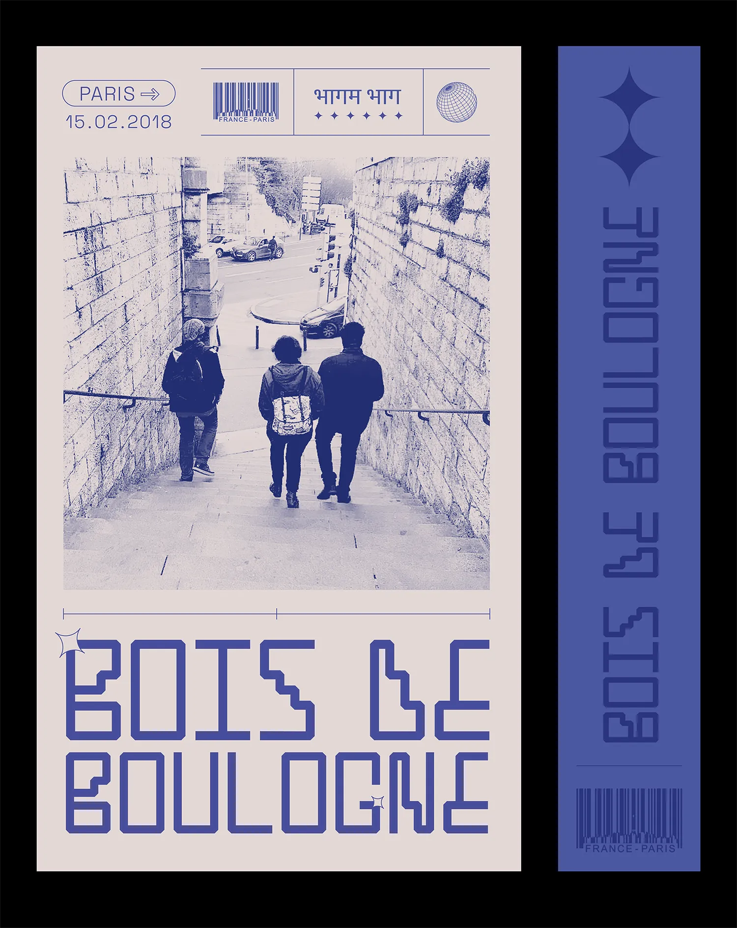 A travel artwork that shows a group of friends climbing down stairs in Paris