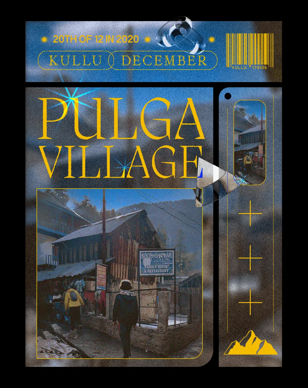 A travel artwork that showcases millennials walking in Pulga, a remote village of Himachal Pradesh