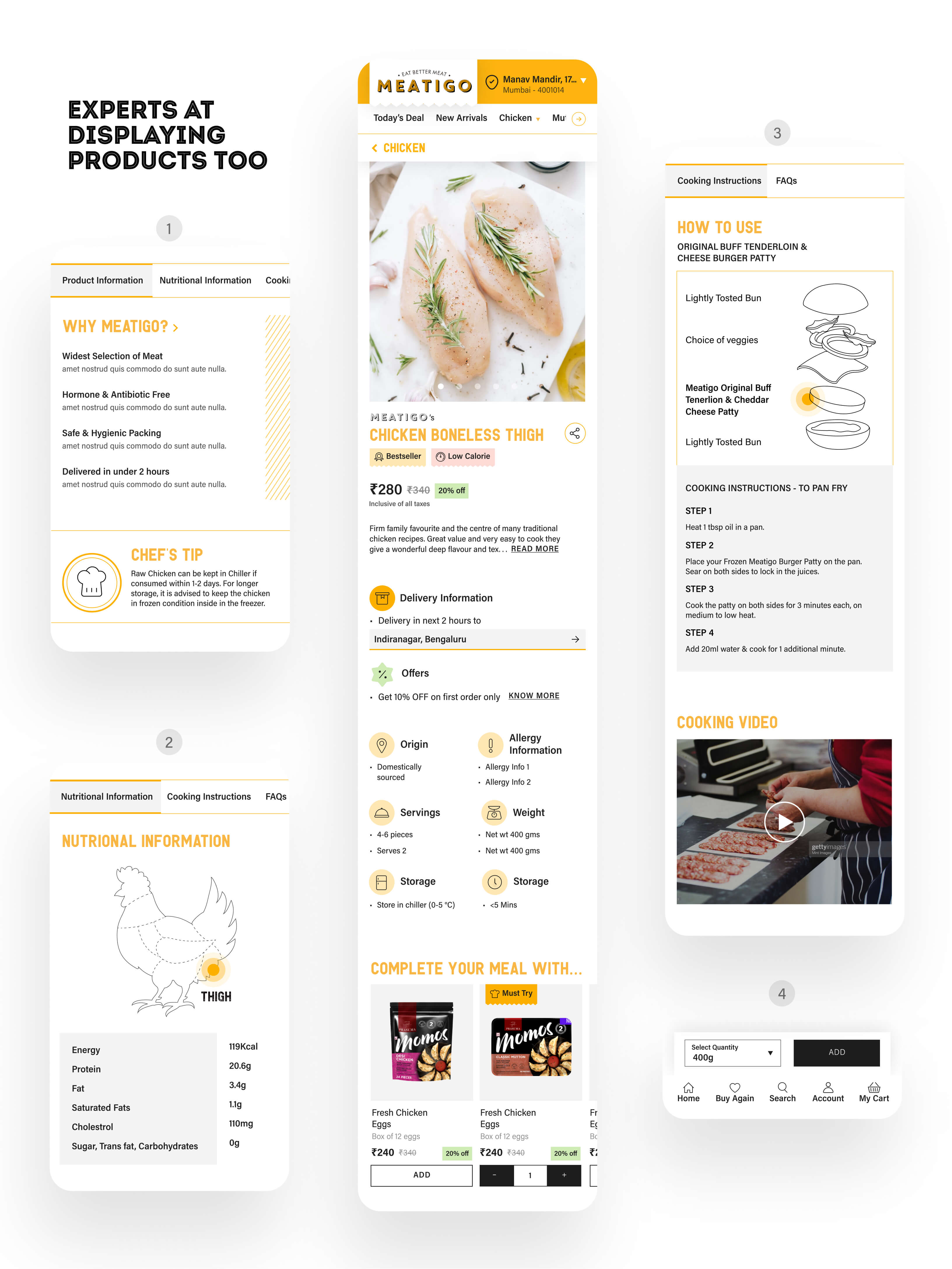 1. Information buckets that are relevant to users coming even from ads | 2. Visual representation about source of meat | 3. Newer content buckets to increase engagement | 4. A sticky CTA