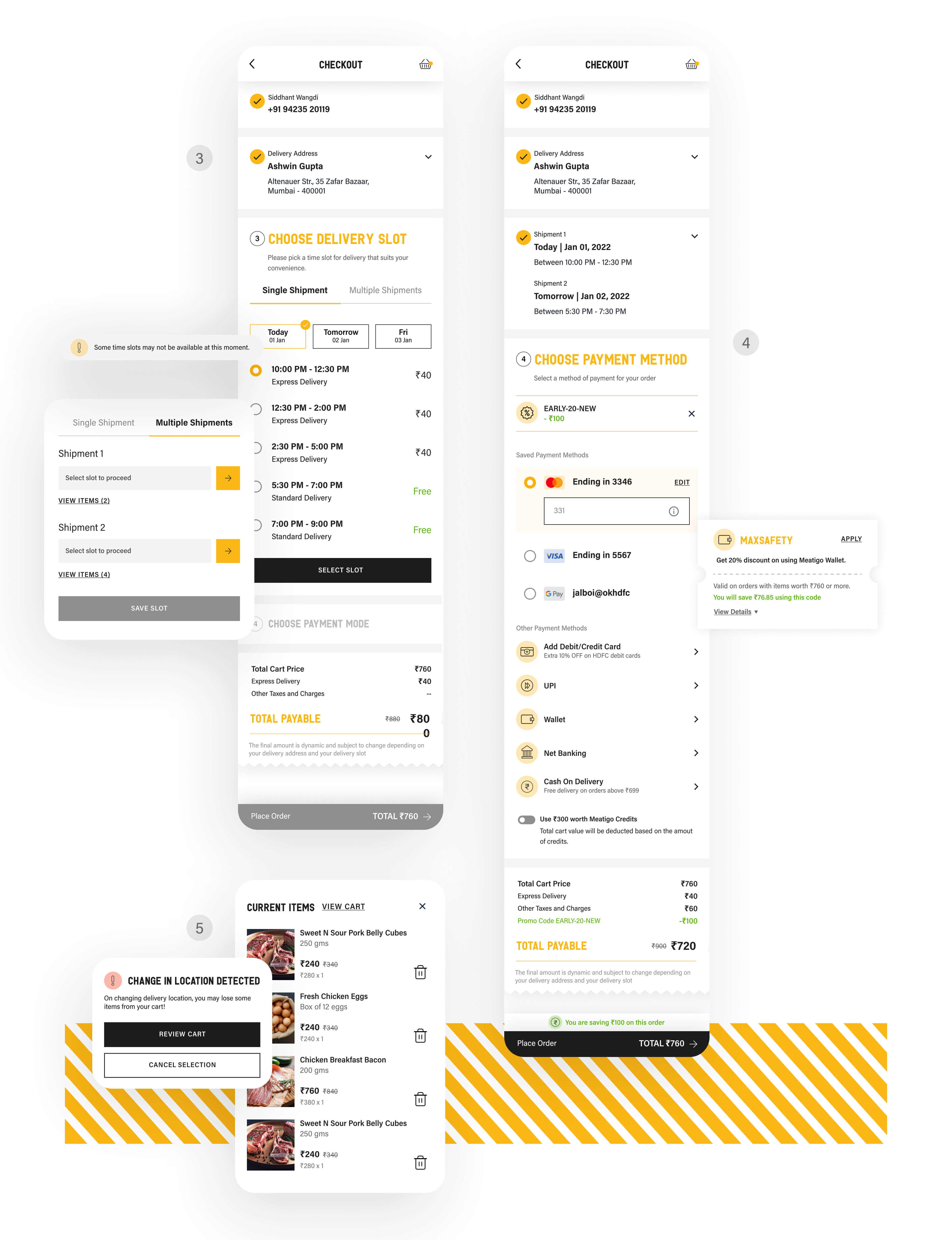 3. Introducing tab navigation to switch between different shipment options | 4. Big enough coupon space because everyone loves a discounts | 5. A pop-up cart state for a quick last check