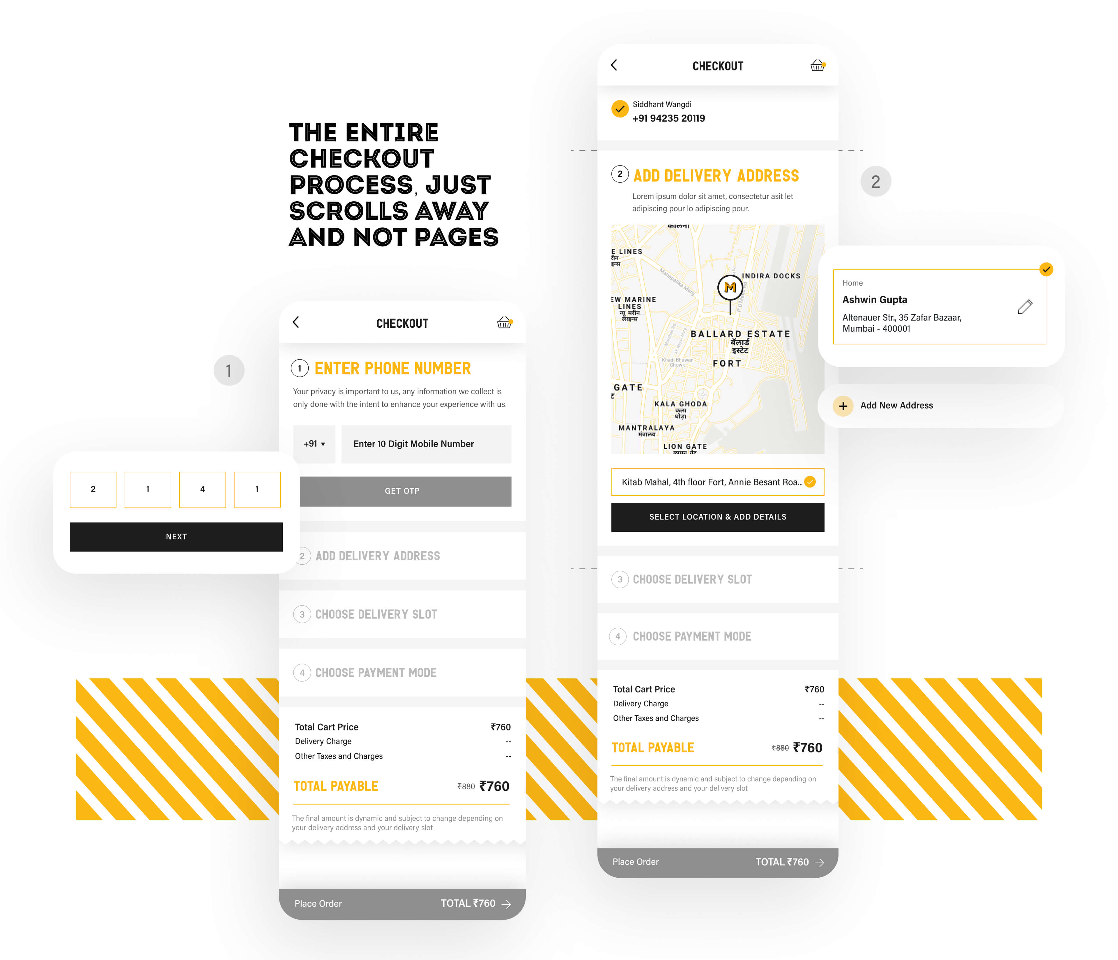 1. Opting for snap to scroll vs individual pages | 2. Even after moving to the next step, users can scroll back up to see their progress