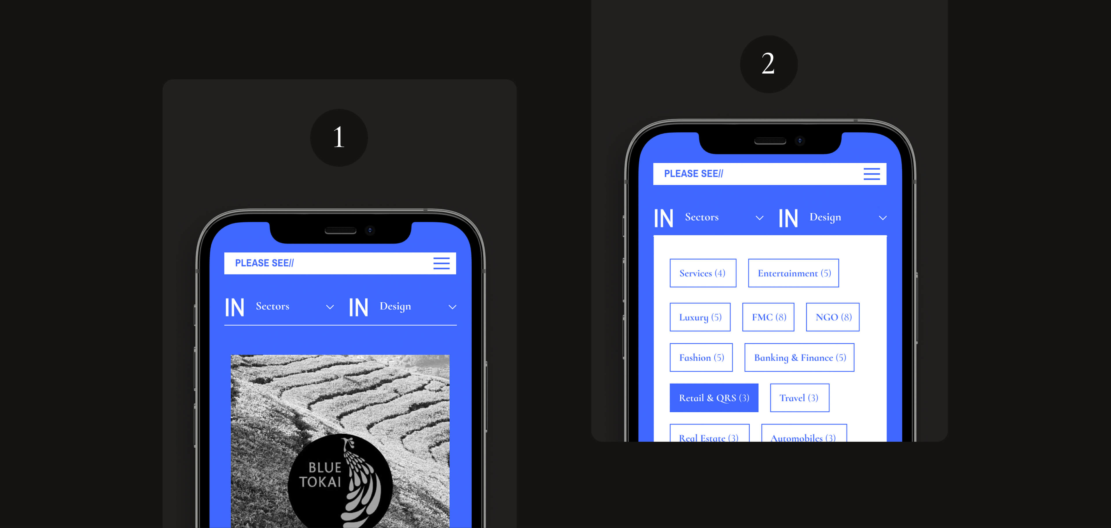 1. Adding relevant filters with a sticky position to aid accessibility | 2. Even with sub-categories, choosing a quantity indicator on tags to cue a large body of work