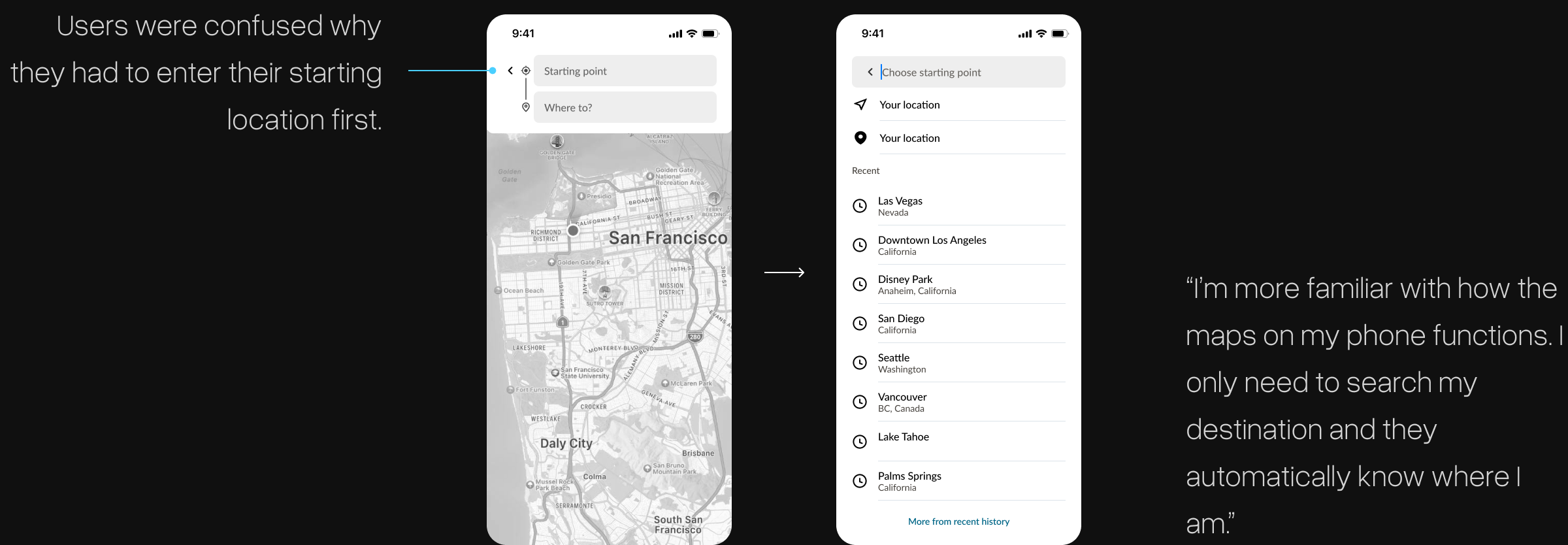 A image of how the designs of Vehigo could be improved. Users were confused why they had to enter their starting location first. “I’m more familiar with how the maps on my phone functions. I only need to search my destination and they automatically know where I am”