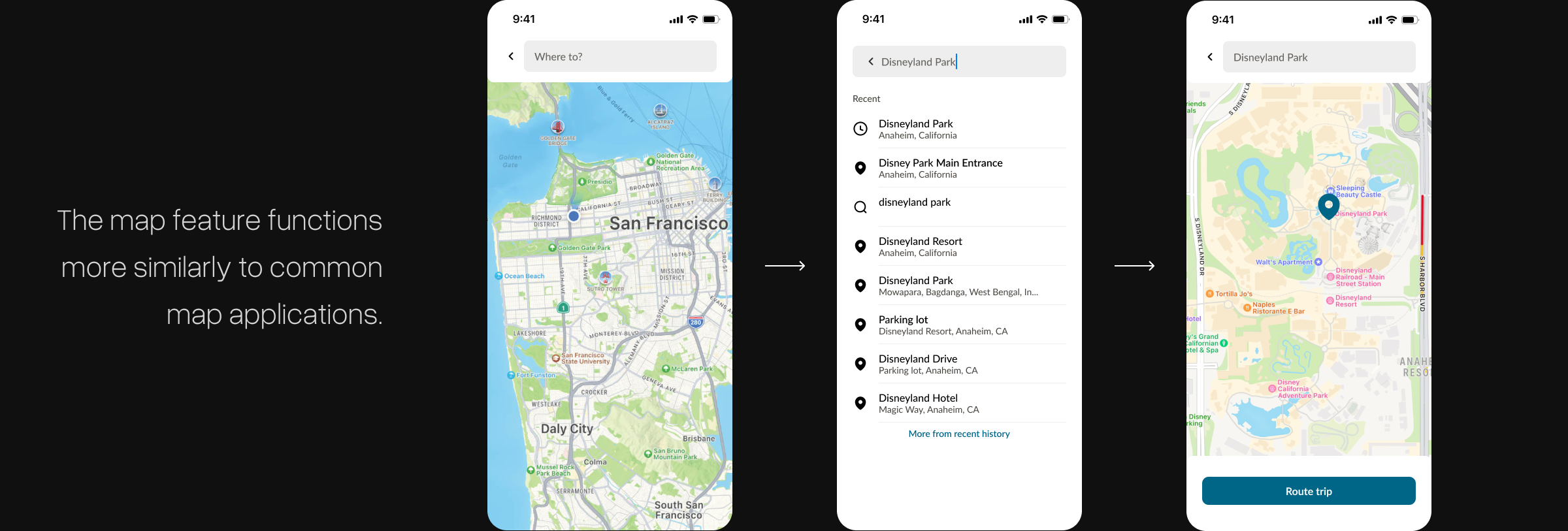 An image of three screens showing how the map function works in Vehigo. The map feature functions more similarly to common map applications.