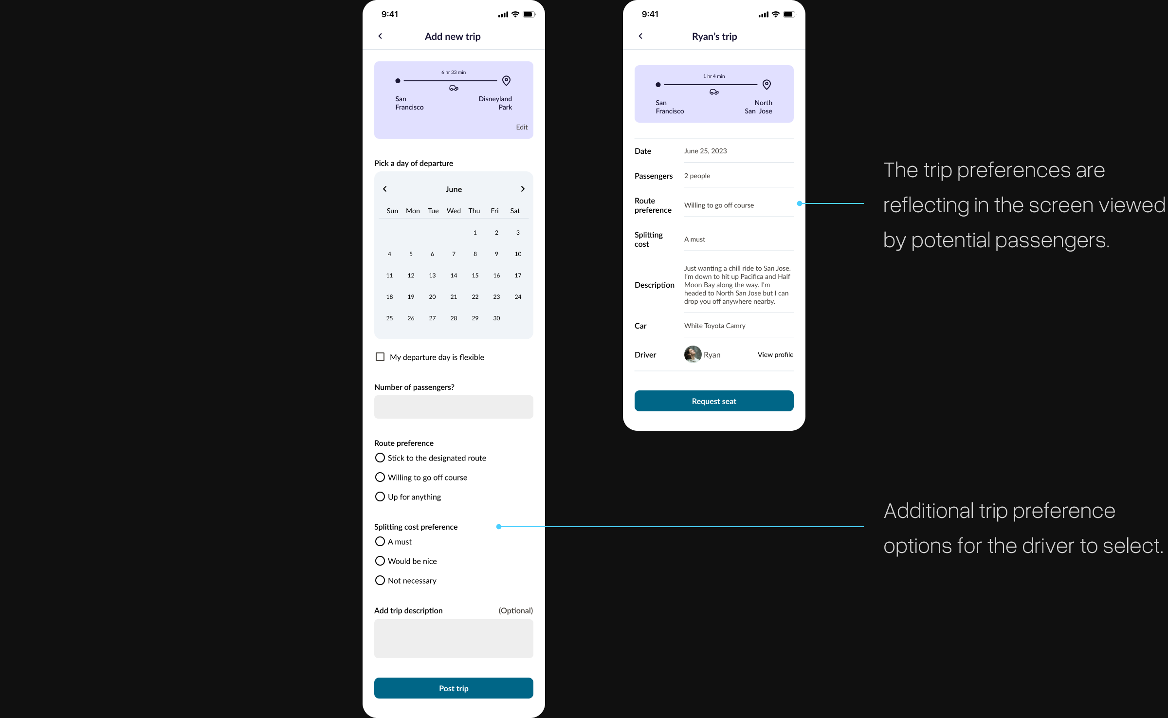 An image of how the designs were improved. The trip preferences are reflecting in the screen viewed by potential passengers. Additional trip preference options for the driver to select.