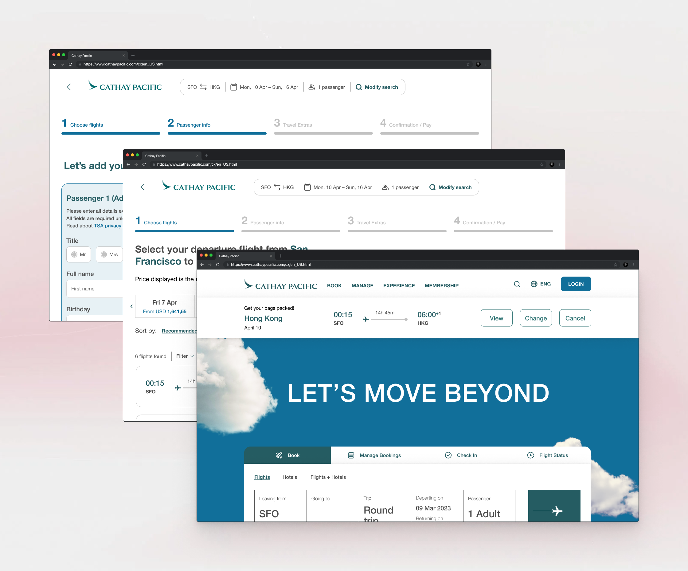 The Cathay Pacific case study cover image showing three sample screens.