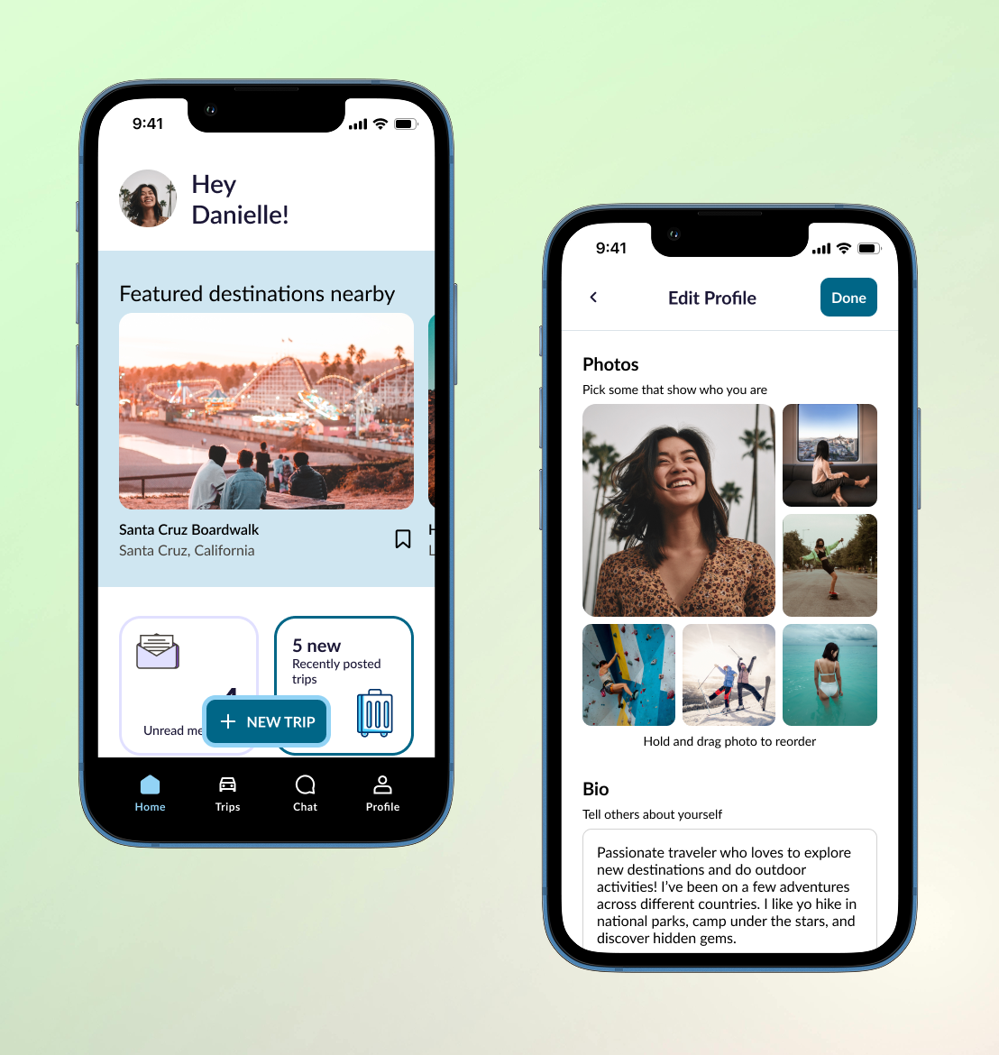 The Vehigo case study image showing two phones, one with the app's landing dashboard and the editing the user's profile screen.