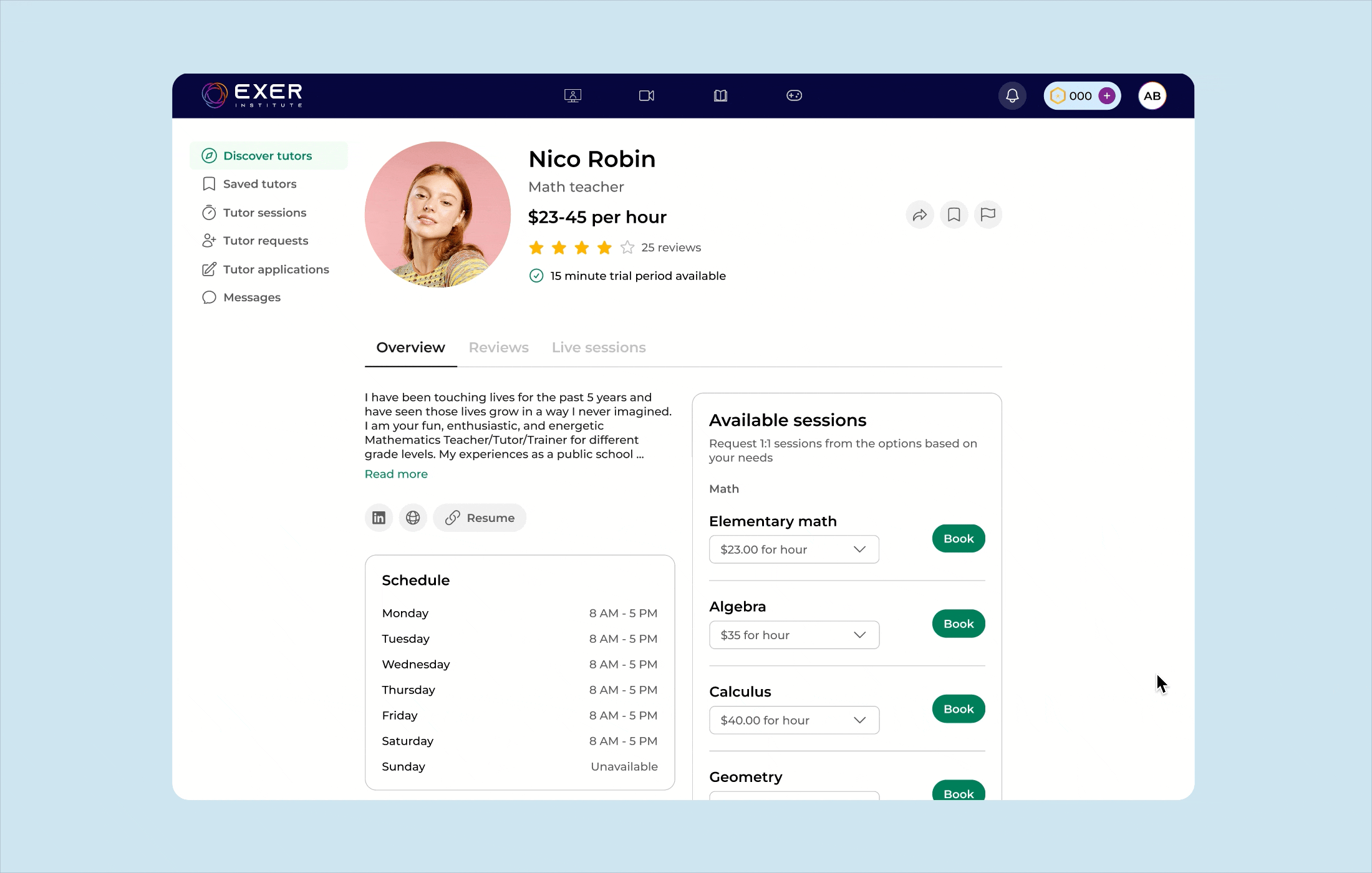 A GIF of clicking on a tutor's profile and booking a 45 minute tutor session.