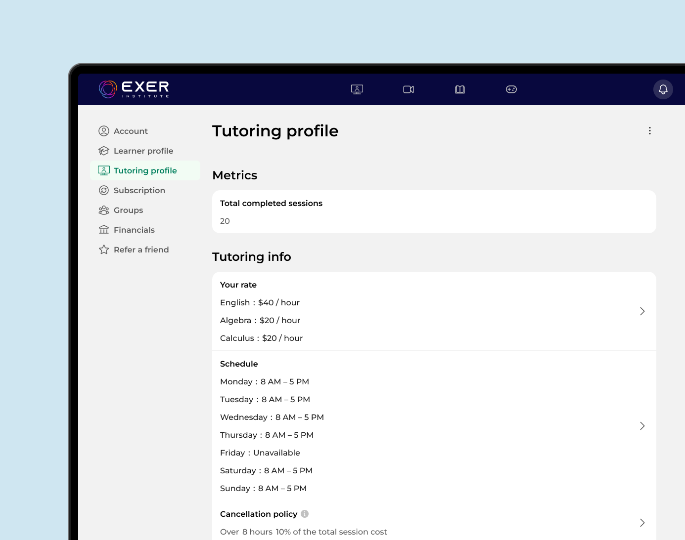 A computer screen of the tutoring profile in Exer Institute.