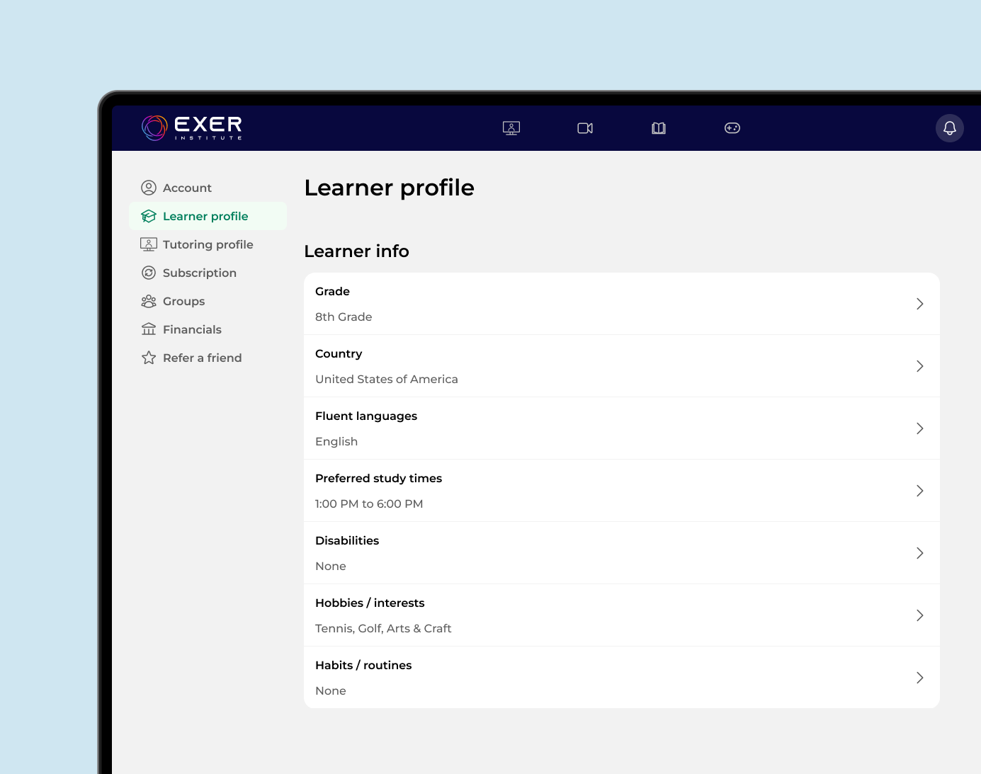 A computer screen of the learner profile in Exer Institute.
