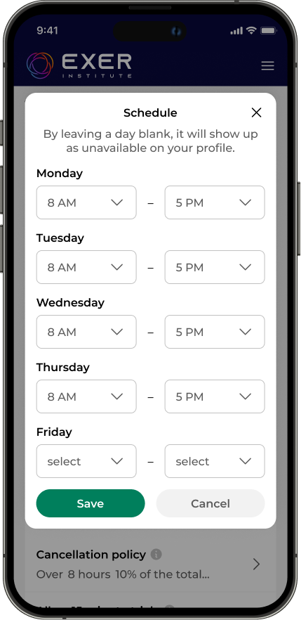 A image of a phone with a modal titled, "Schedule," with time start and end time inputs for every day of the week.