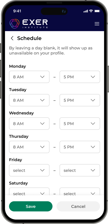 A image of a phone with a full screen layover titled, "Schedule," with time start and end time inputs for every day of the week.