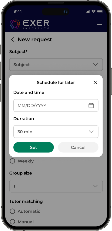 A image of a phone with a modal titled, "Schedule for later," with a date input and duration input.