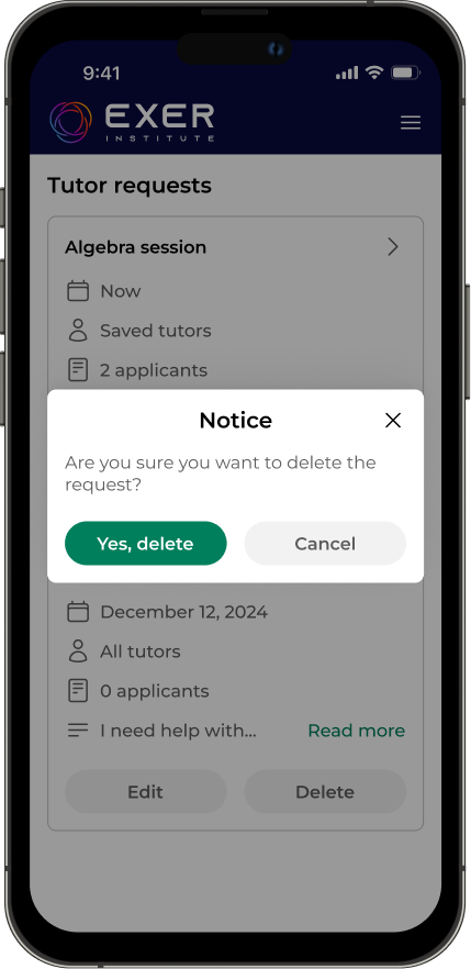 A image of a phone with a confirmation dialog saying "Notice. Are you sure you want to delete the request?"