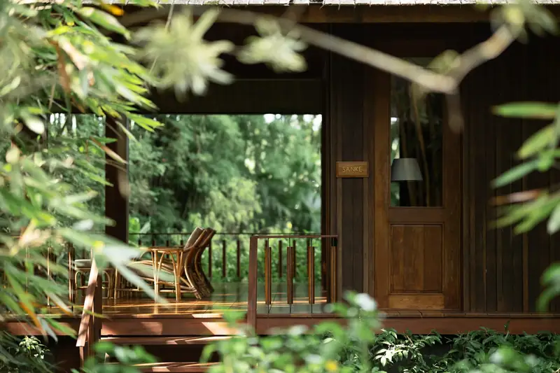 A timber veranda with rattan chairs, seen through bamboo leaves.