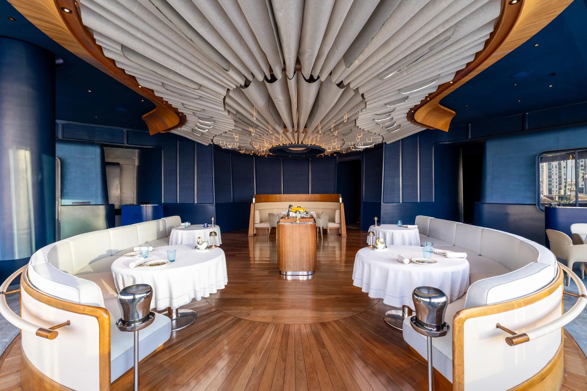 The blue and white dining room at BLUE by Alain Ducasse.